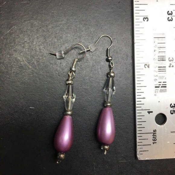 Dangle Pierced Earrings Purple Clear Faceted Silver Retro BoHo - Picture 3 of 3